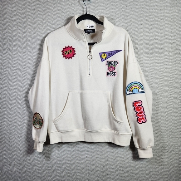 Vinyl Icons Tops - Vinyl Icons Cream Womens S Half Zip Sweatshirt With Decrotive Patches